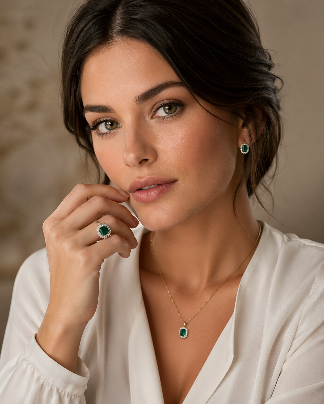 Model wearing emerald jewelry lifestyle image 2