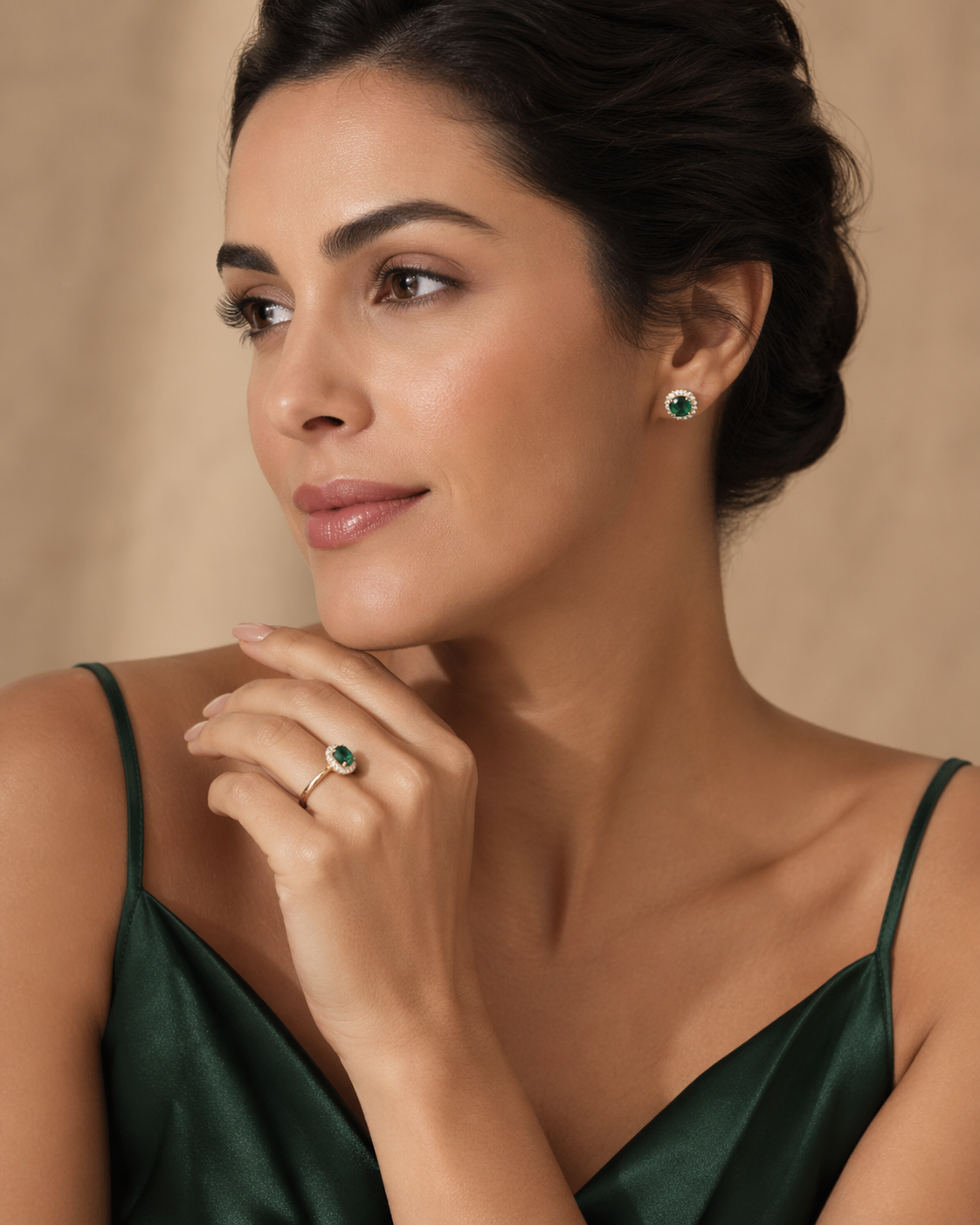 Model wearing emerald jewelry lifestyle image 3