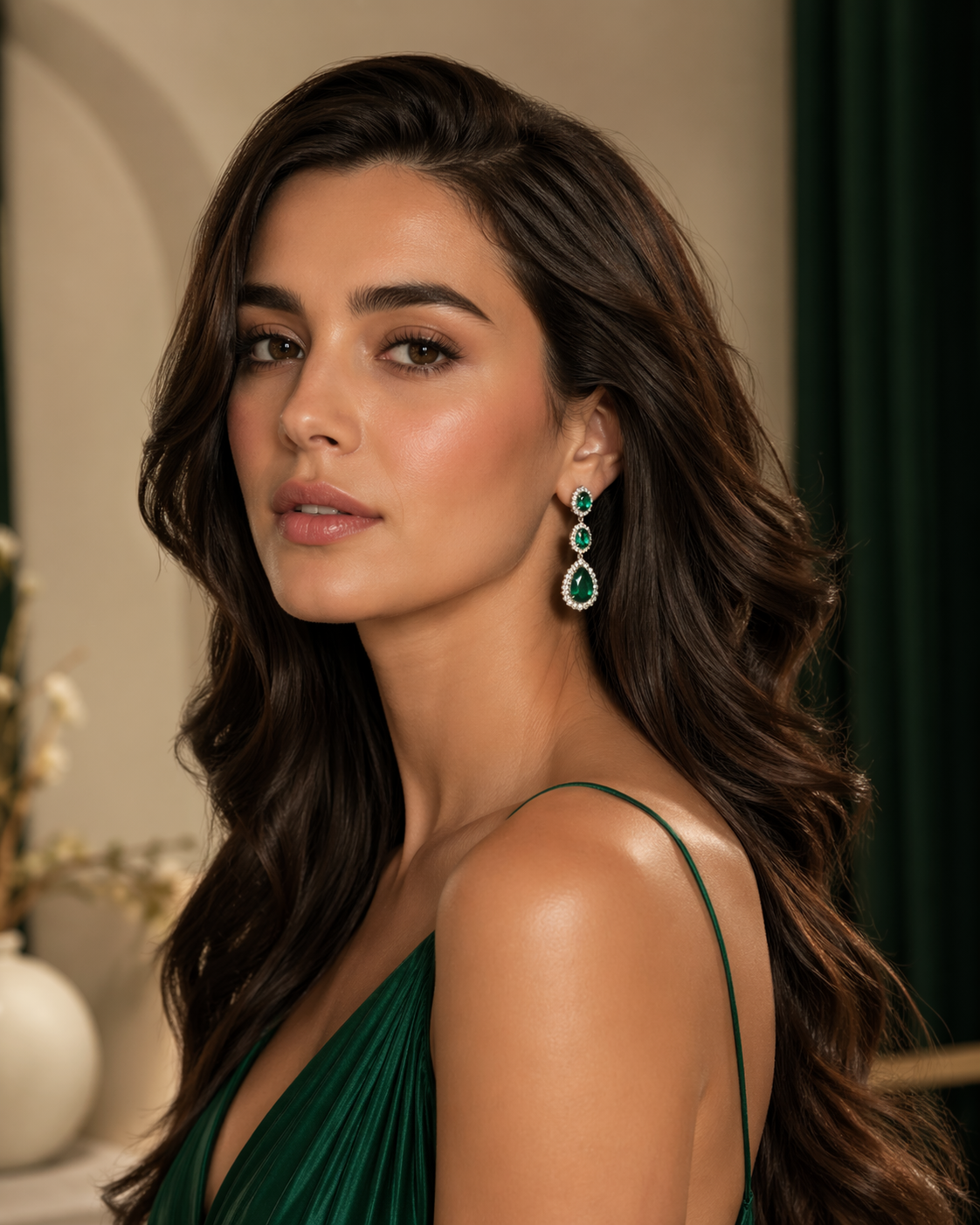 Model wearing emerald jewelry lifestyle image 8