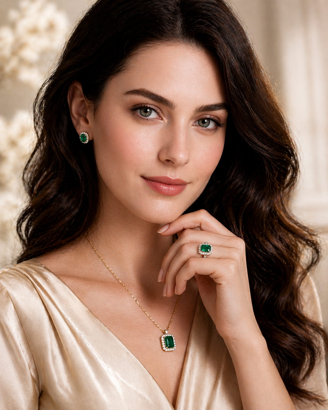 Model wearing emerald jewelry lifestyle image 12