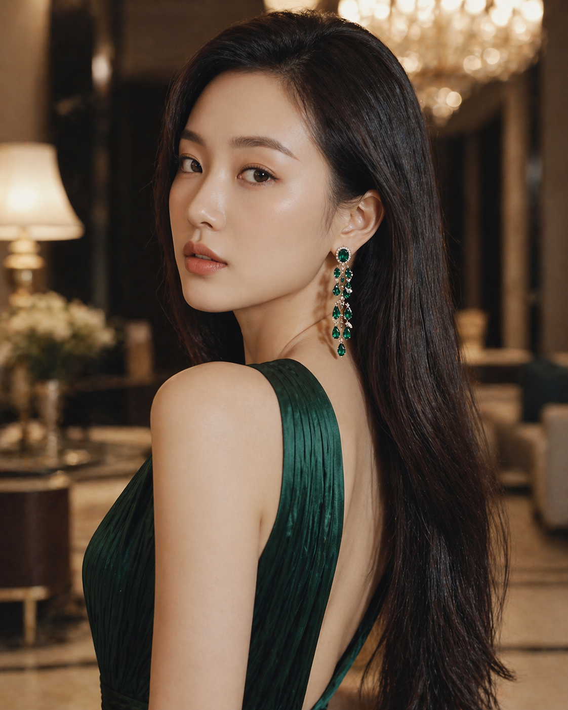 Model wearing emerald jewelry lifestyle image 17