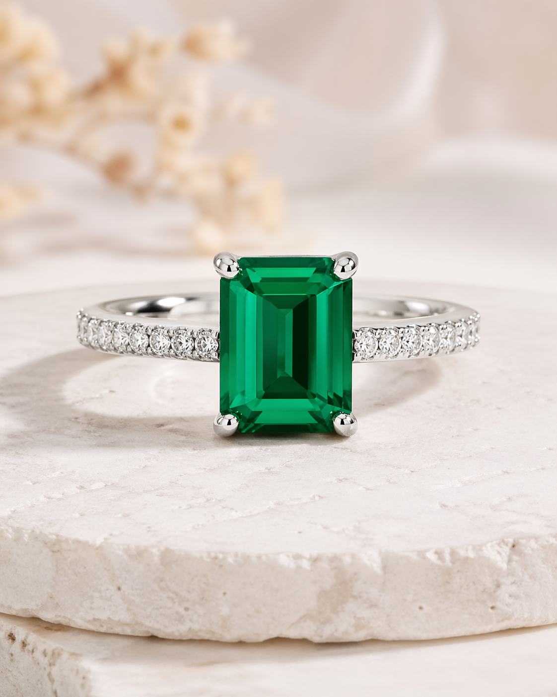 Emerald Cut Ring with Diamond Shoulders